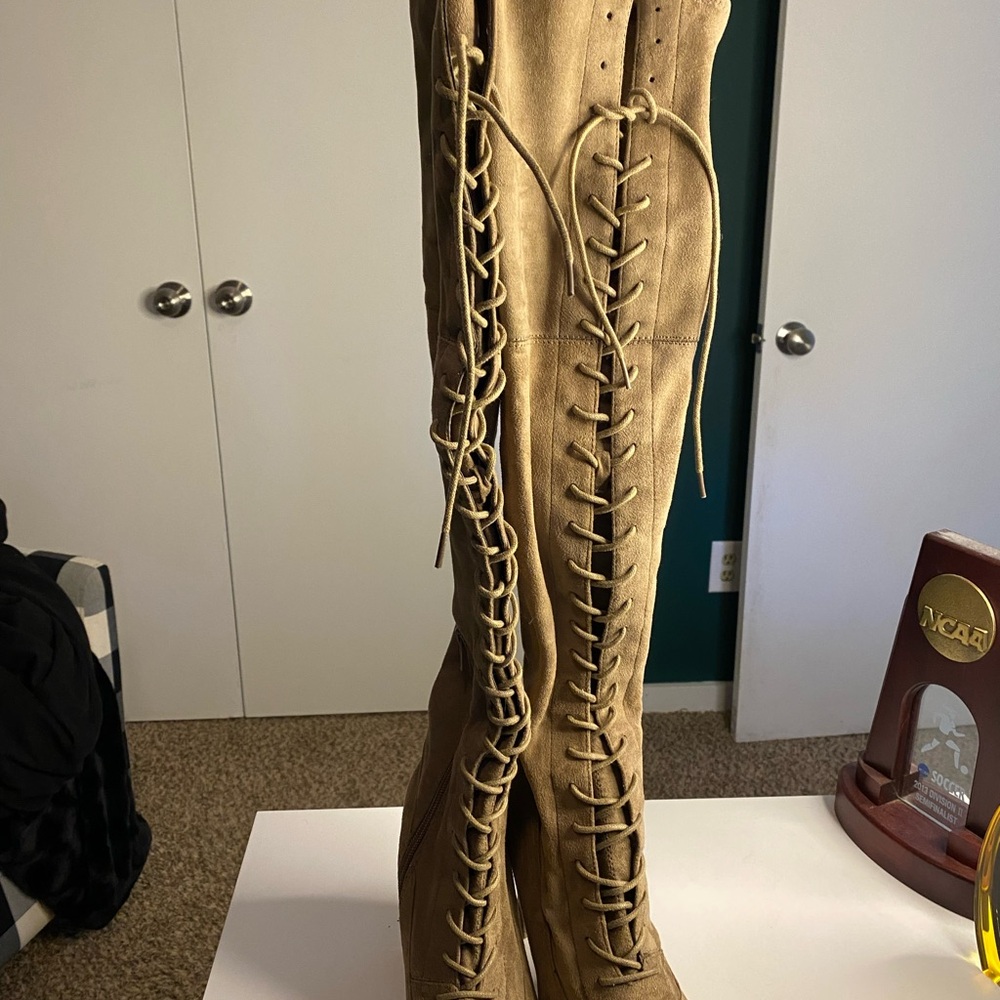 Tan Lace-Up Knee-High Women's Boots